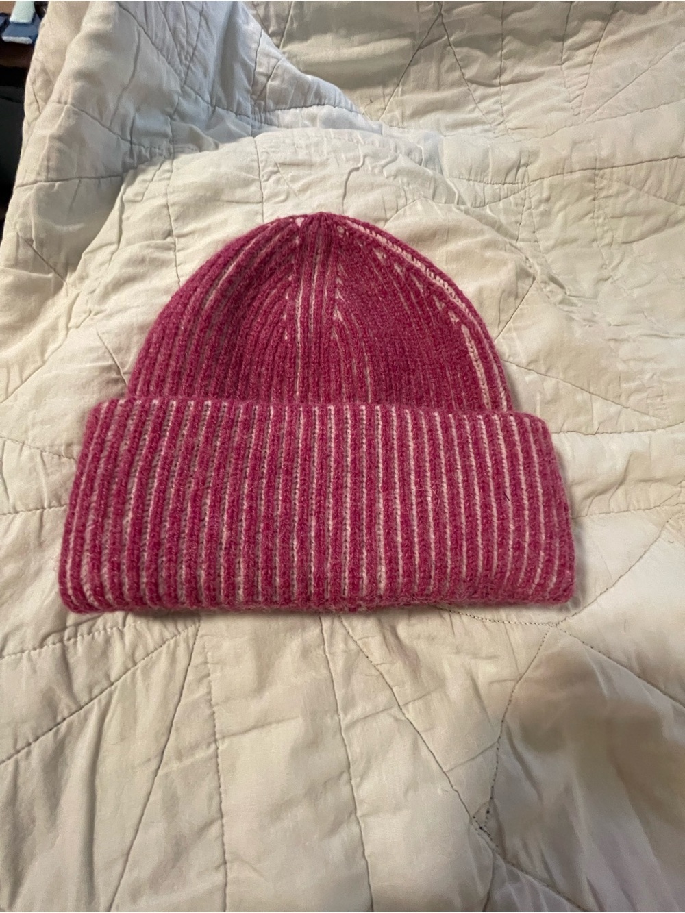 Anthropologie Two-Tone Berry Pink Ribbed Fold-Over Beanie